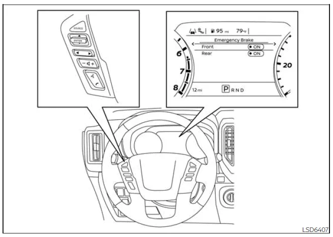 Nissan Frontier AEB system activation and driver assistance menu interface