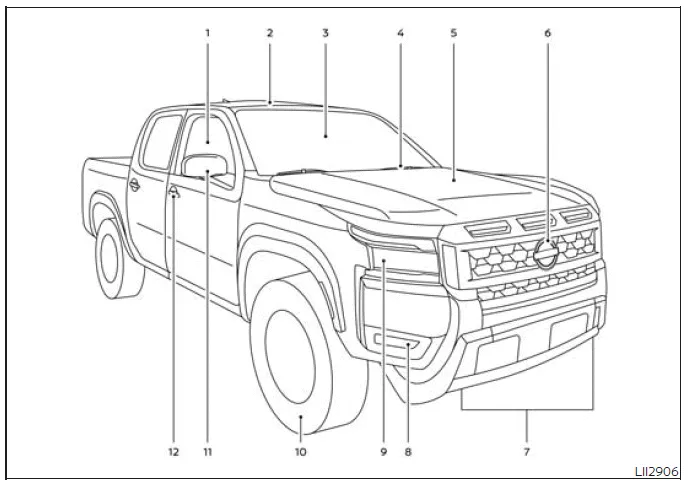 Nissan Frontier front exterior components including headlights, hood and cameras