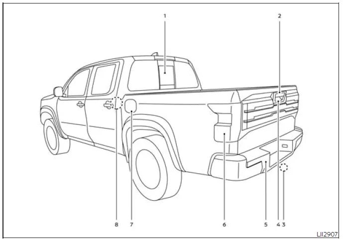 Nissan Frontier rear exterior including tailgate, sensors and towing equipment