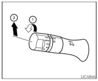 Nissan Frontier High Beam Assist activation position showing AUTO mode and lever forward position