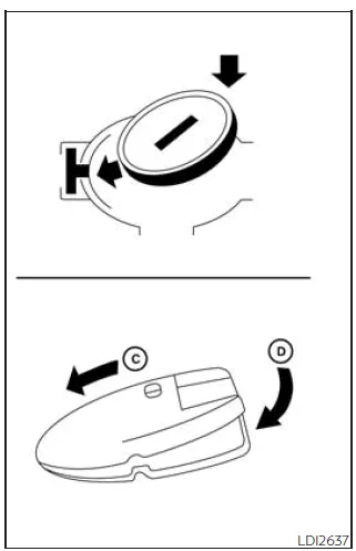Nissan Frontier Intelligent Key battery replacement with CR2032 orientation and internal components