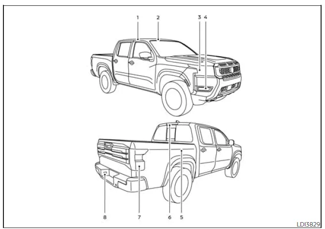 Nissan Frontier exterior and interior light locations overview diagram