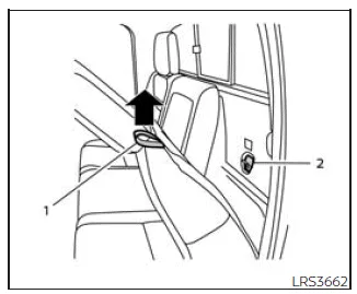 Nissan Frontier rear seat anchor point access with pull strap and tether anchors