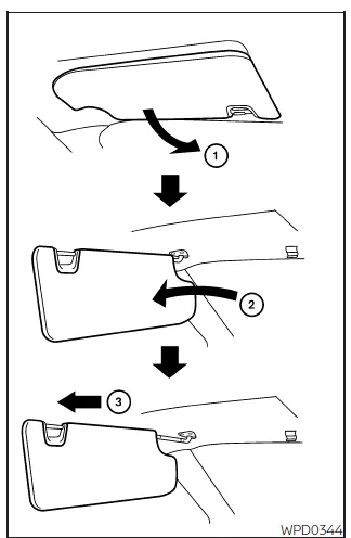 Nissan Frontier sun visor adjustment and extension positions