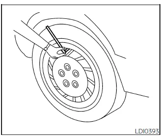 Nissan Frontier checking tire pressure with gauge on valve stem