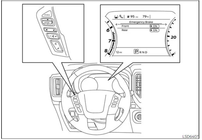 Nissan Frontier I-FCW system menu navigation and activation steps on dashboard display